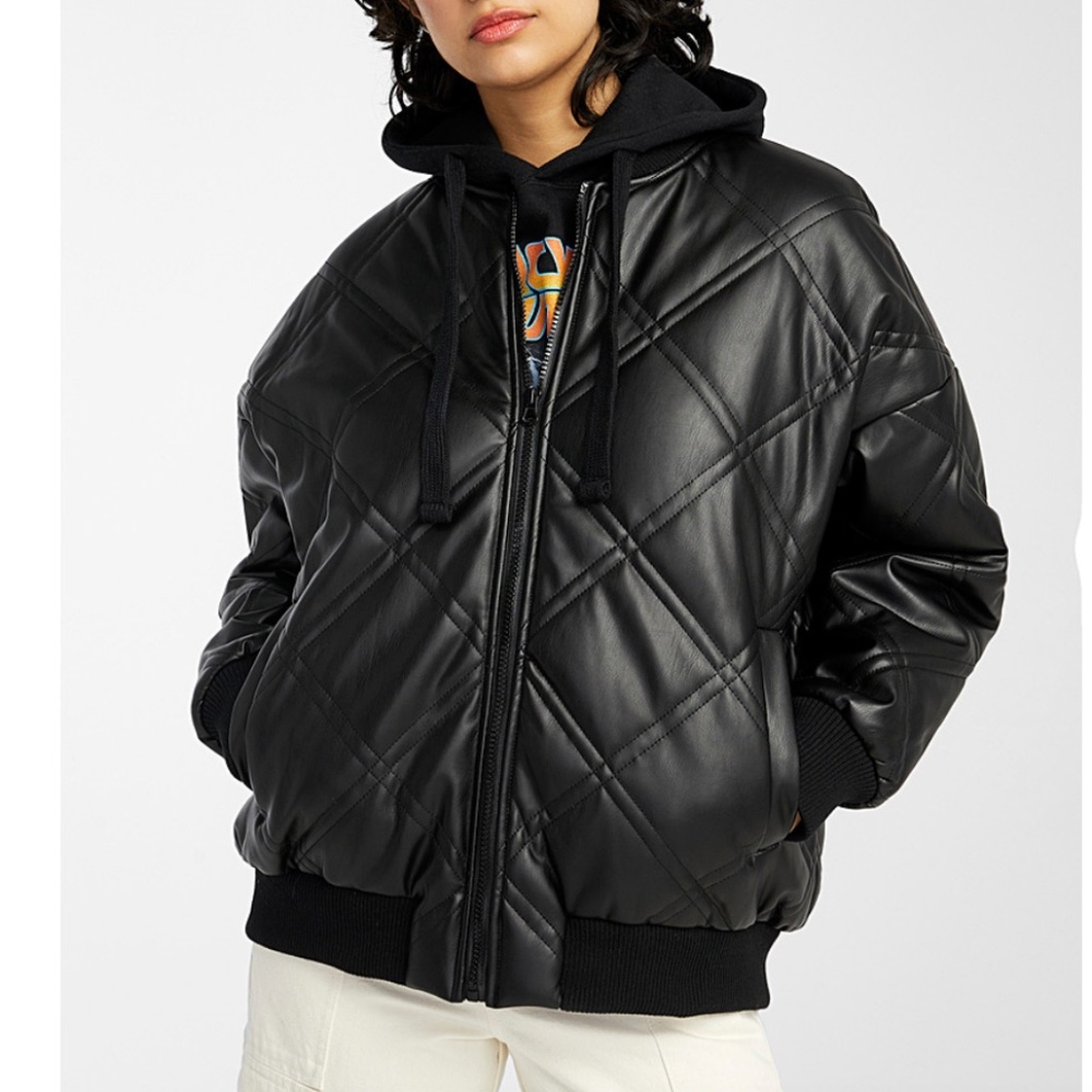 Quilted Faux Leather Bomber Jacket - Black
